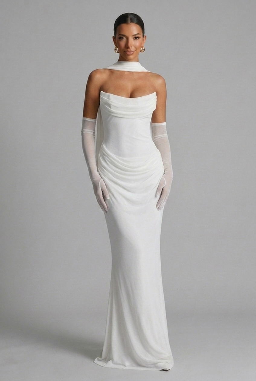 Strapless Cowl Neck Draped Column Maxi Wedding Guest Dress