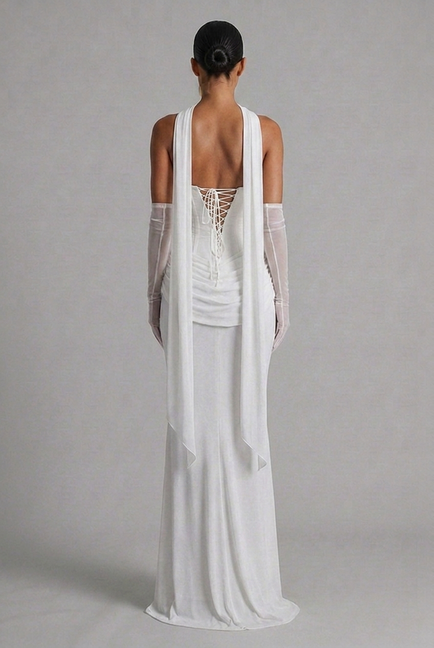 Strapless Cowl Neck Draped Column Maxi Wedding Guest Dress