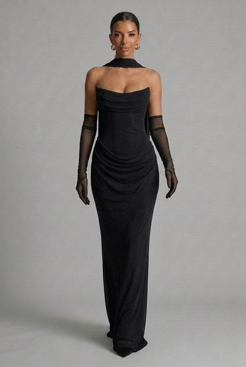 Strapless Cowl Neck Draped Column Maxi Wedding Guest Dress