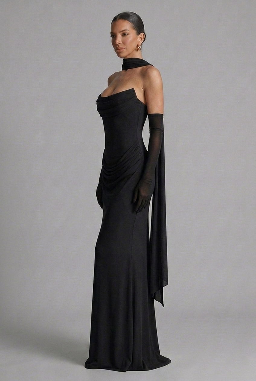 Strapless Cowl Neck Draped Column Maxi Wedding Guest Dress
