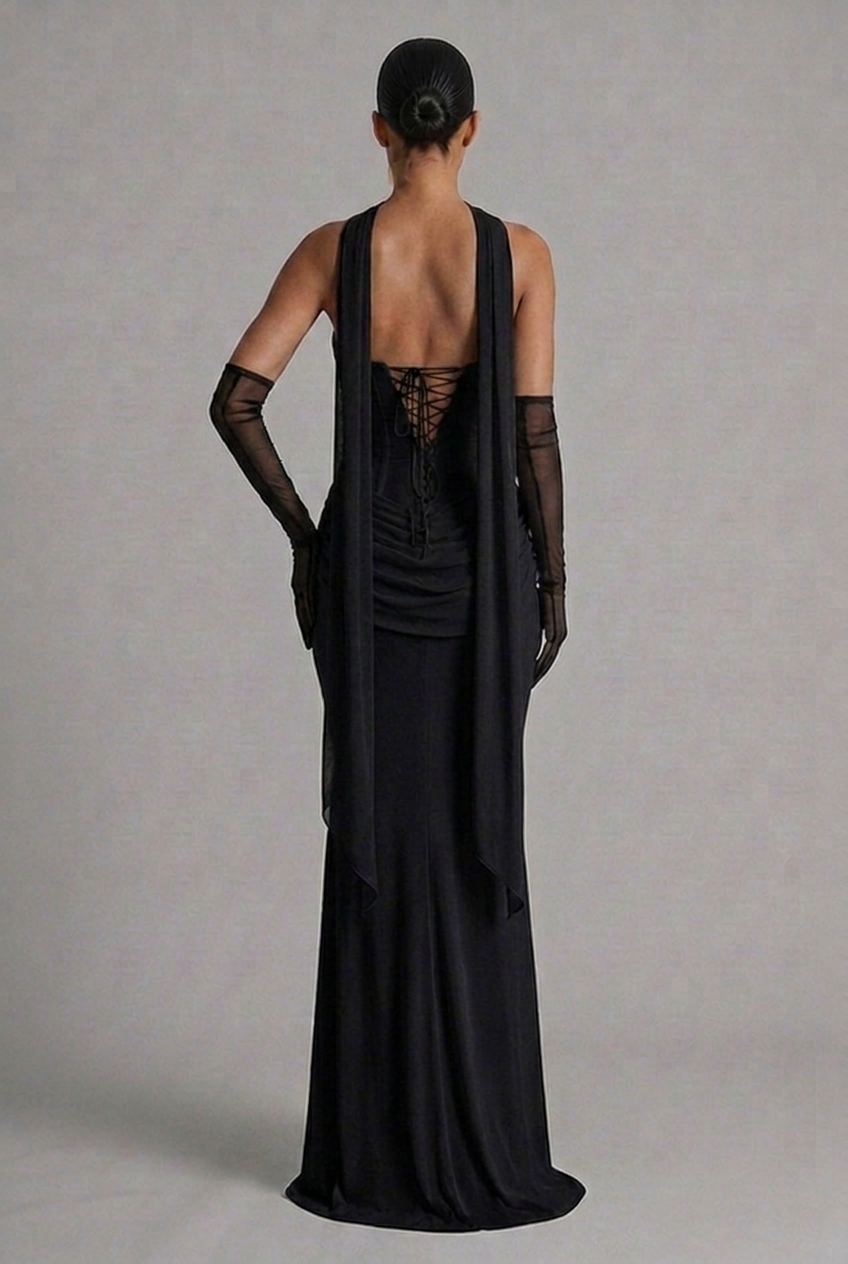Strapless Cowl Neck Draped Column Maxi Wedding Guest Dress