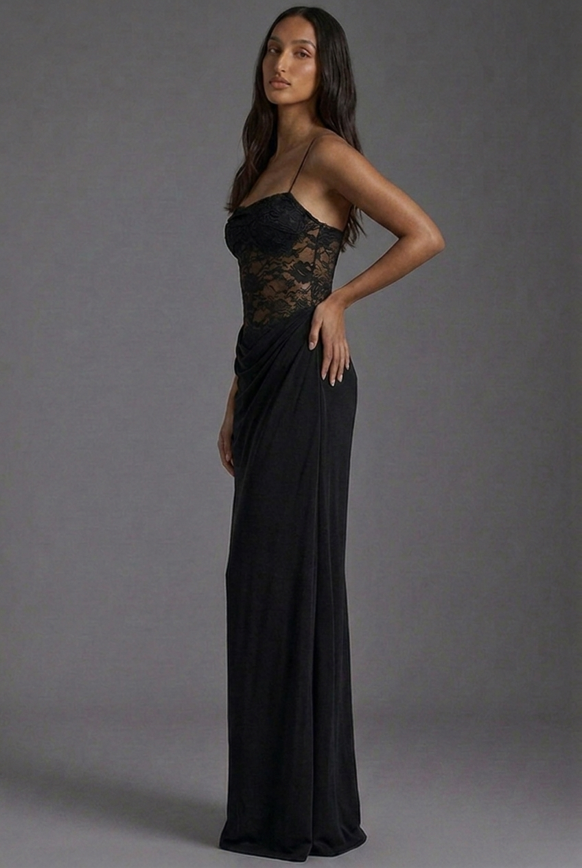 Off Shoulder Lace Corset Draped Column Maxi Dress