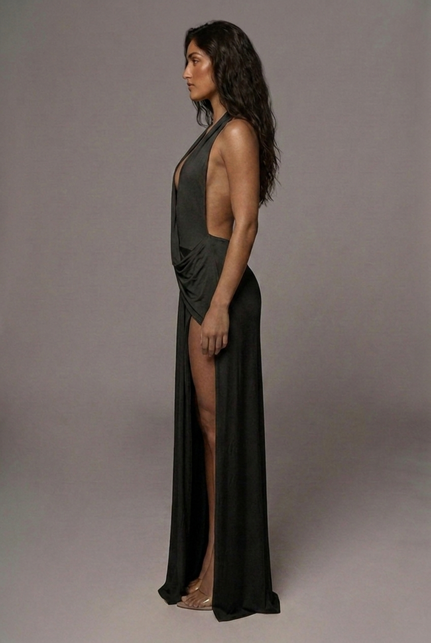 Plunge Halterneck Draped Wrap Split Column Maxi Dress