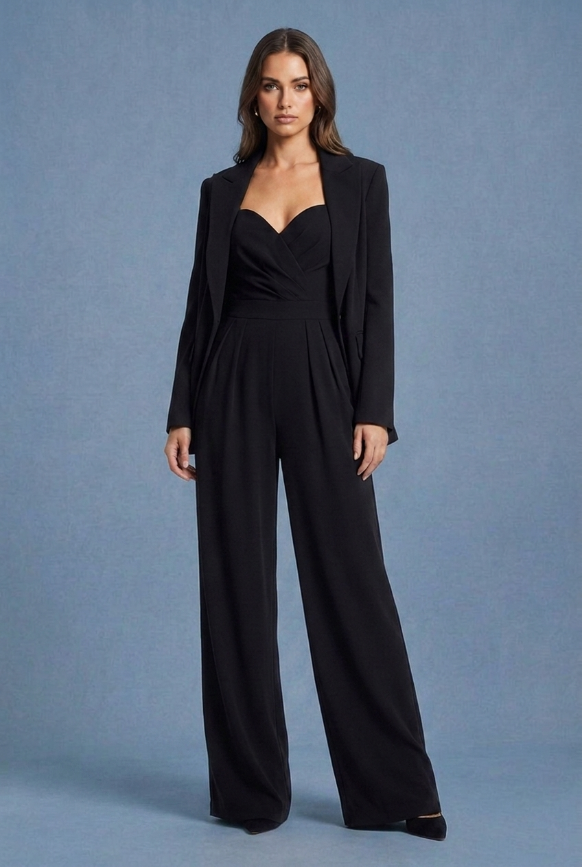 Black Jumpsuit Strappy Square Neck Wide Leg Trouser
