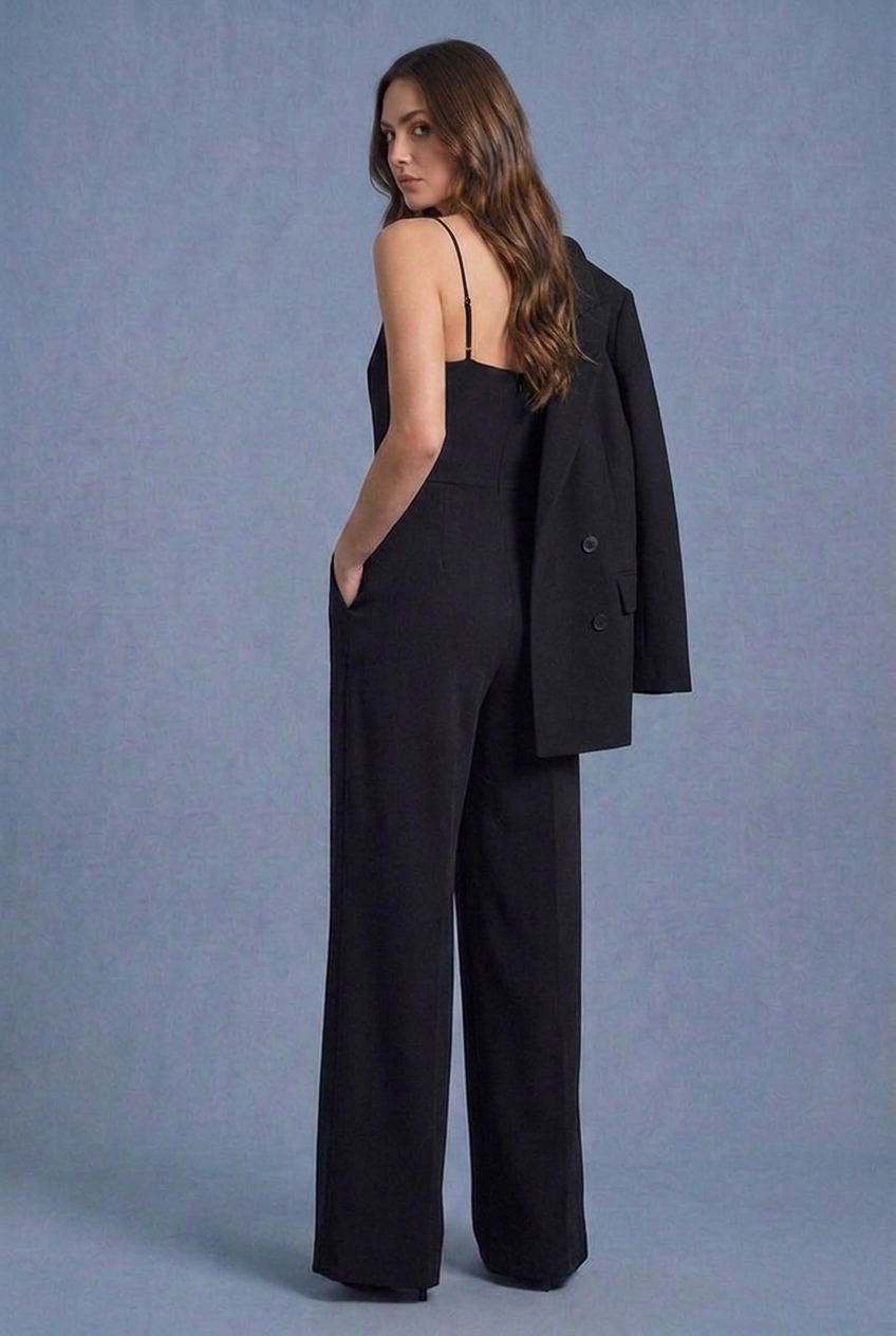 Black Jumpsuit Strappy Square Neck Wide Leg Trouser