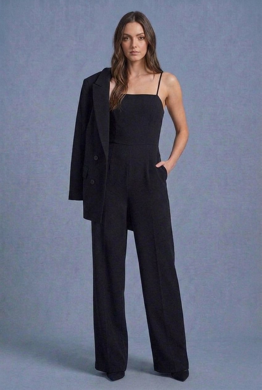 Black Jumpsuit Strappy Square Neck Wide Leg Trouser
