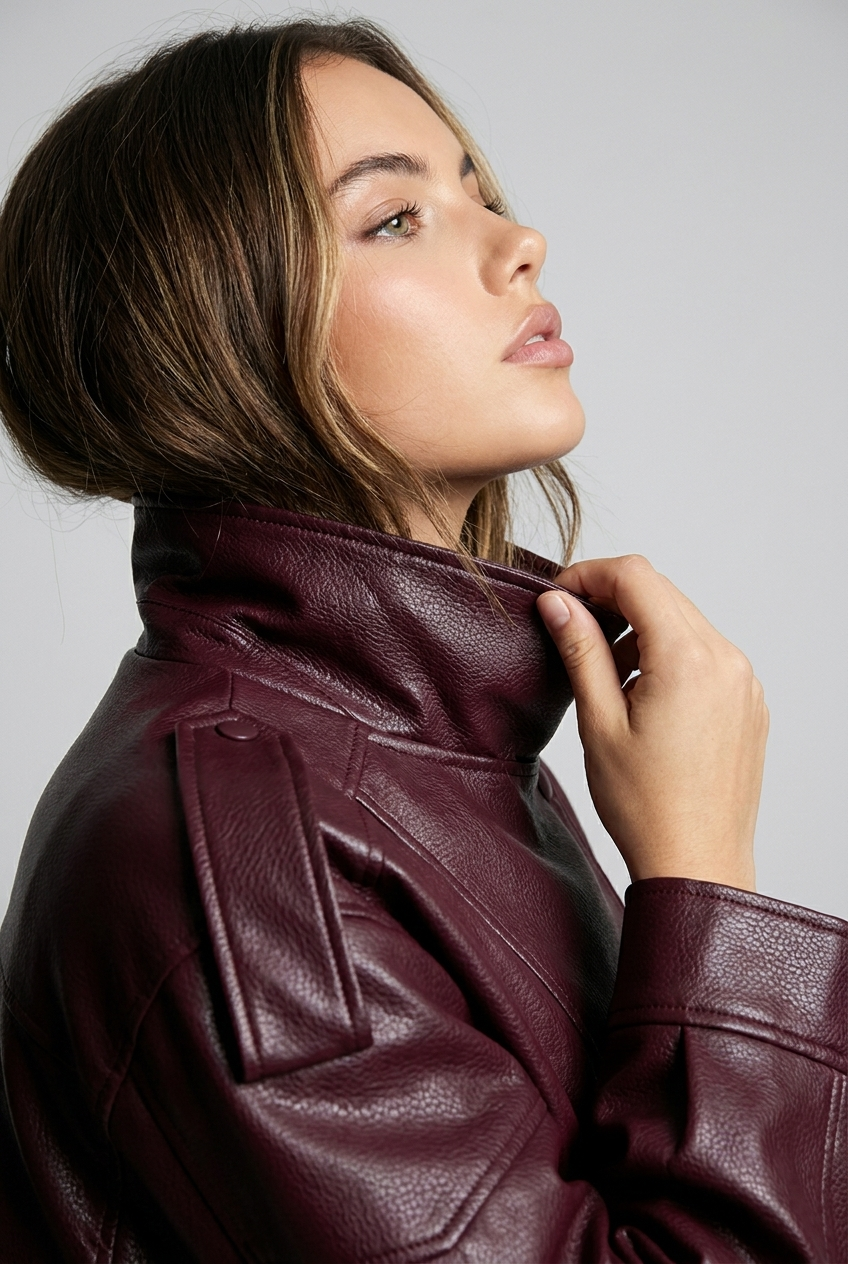 Oversized High Neck Faux Leather Retro Jacket Women