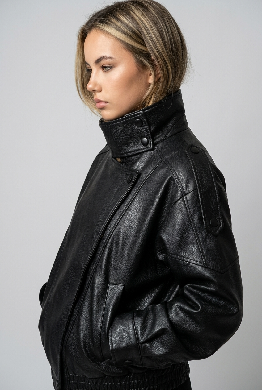 Oversized High Neck Faux Leather Retro Jacket Women