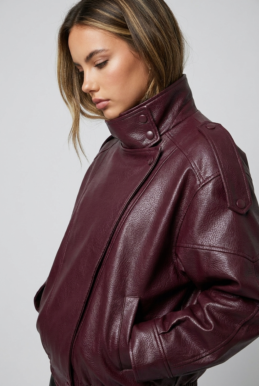 Oversized High Neck Faux Leather Retro Jacket Women