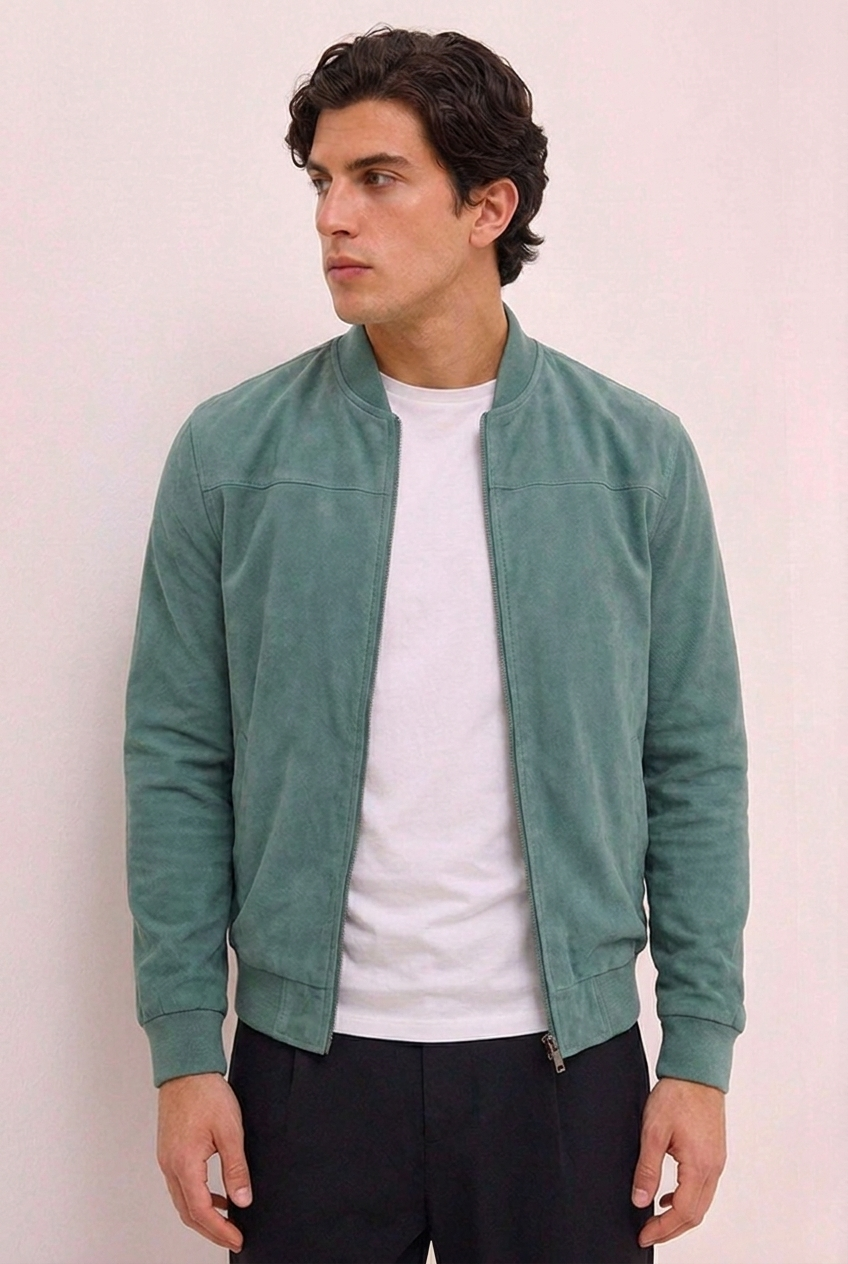 Suede Style Zip Front Ribbed Bomber Jacket Men