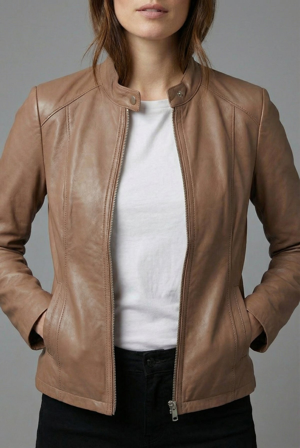 Women’s Short Leather Style Biker Jacket Zip Up Jacket