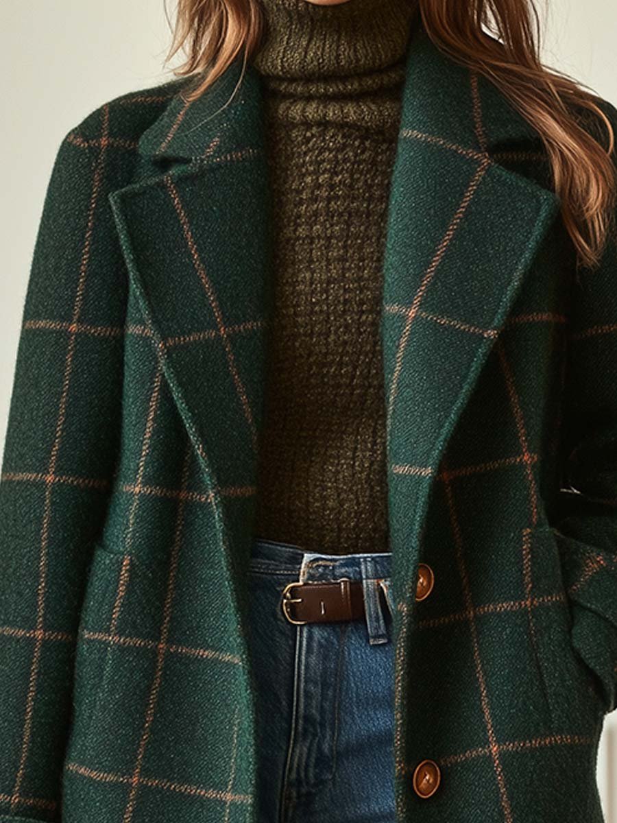 Check Print Tailored Wool Style Coat Women