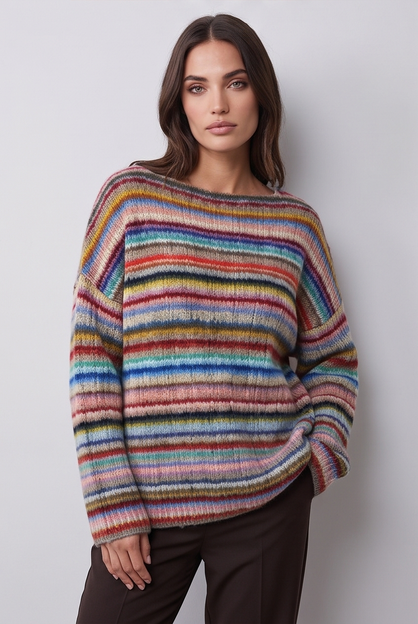 Model wearing the ribbed knit crew neck jumper, colourway 5, front view slightly turned