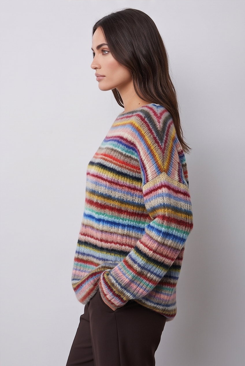 Model wearing the ribbed knit crew neck jumper, colourway 5, side profile view