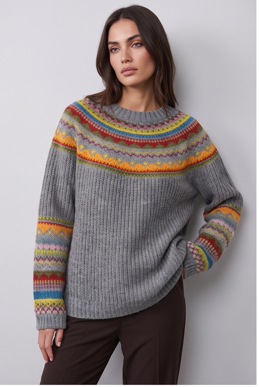 Model wearing the ribbed knit crew neck jumper, colourway 2, front view slightly turned