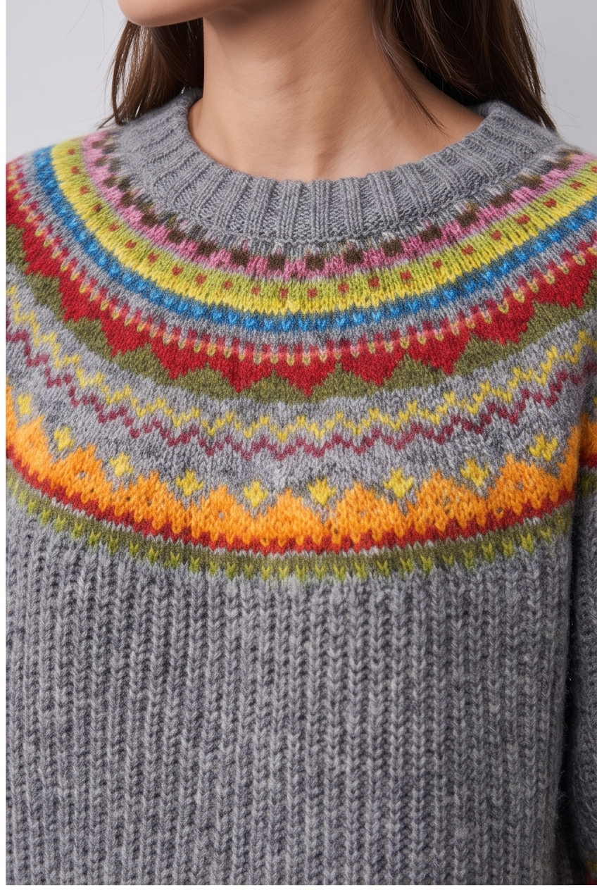 Close-up of the ribbed knit crew neck jumper fabric, colourway 2