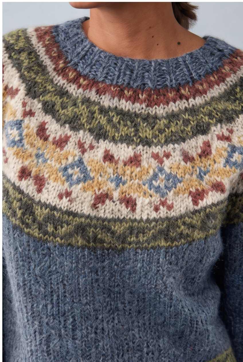 Close-up of the ribbed knit crew neck jumper fabric, colourway 3