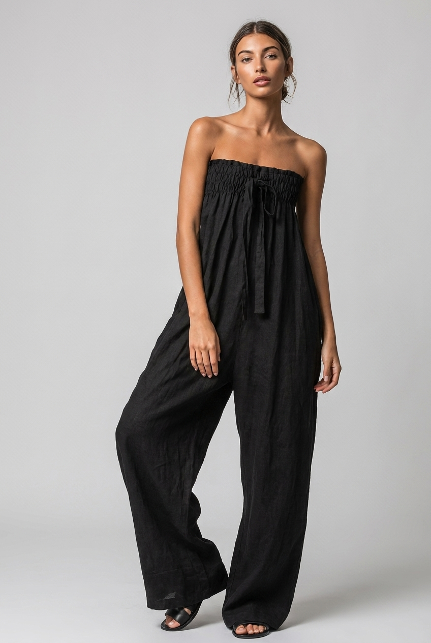 Strapless Bandeau Linen Style Wide Leg Jumpsuit Women