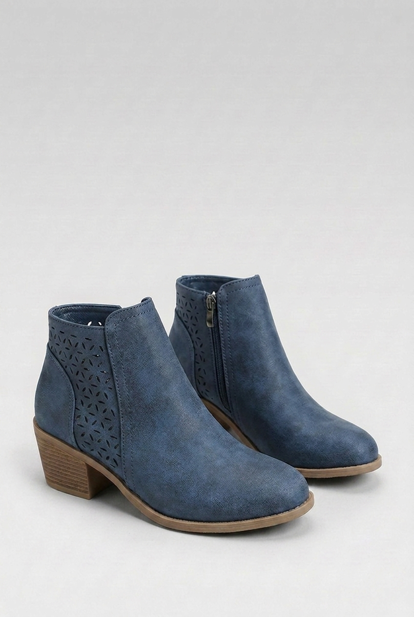 Perforated Zip Side Block Heel Ankle Boots Women