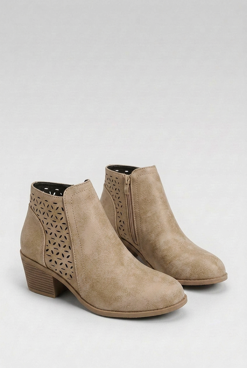 Perforated Zip Side Block Heel Ankle Boots Women