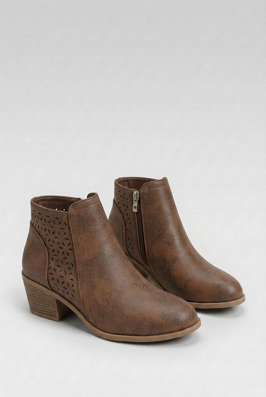 Perforated Zip Side Block Heel Ankle Boots Women