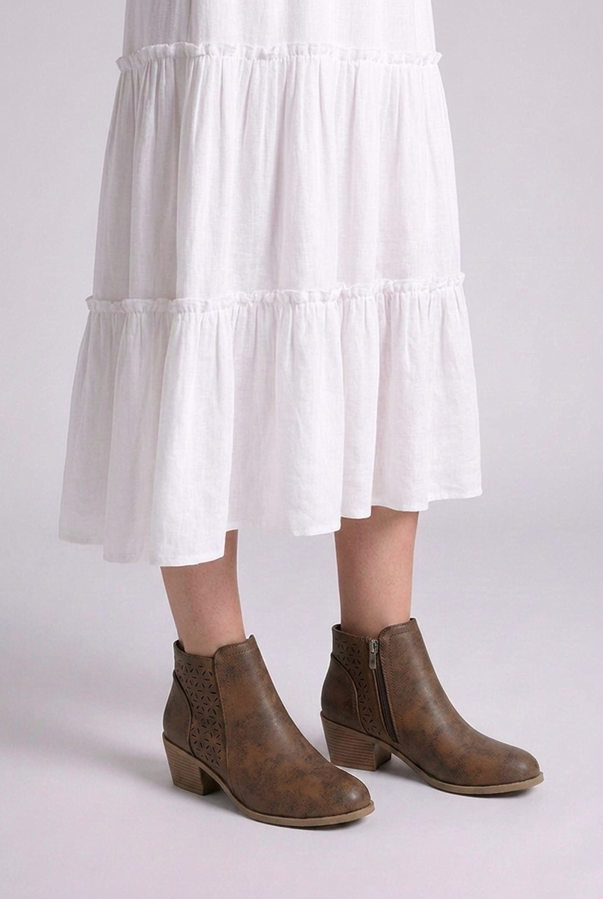 Perforated Zip Side Block Heel Ankle Boots Women