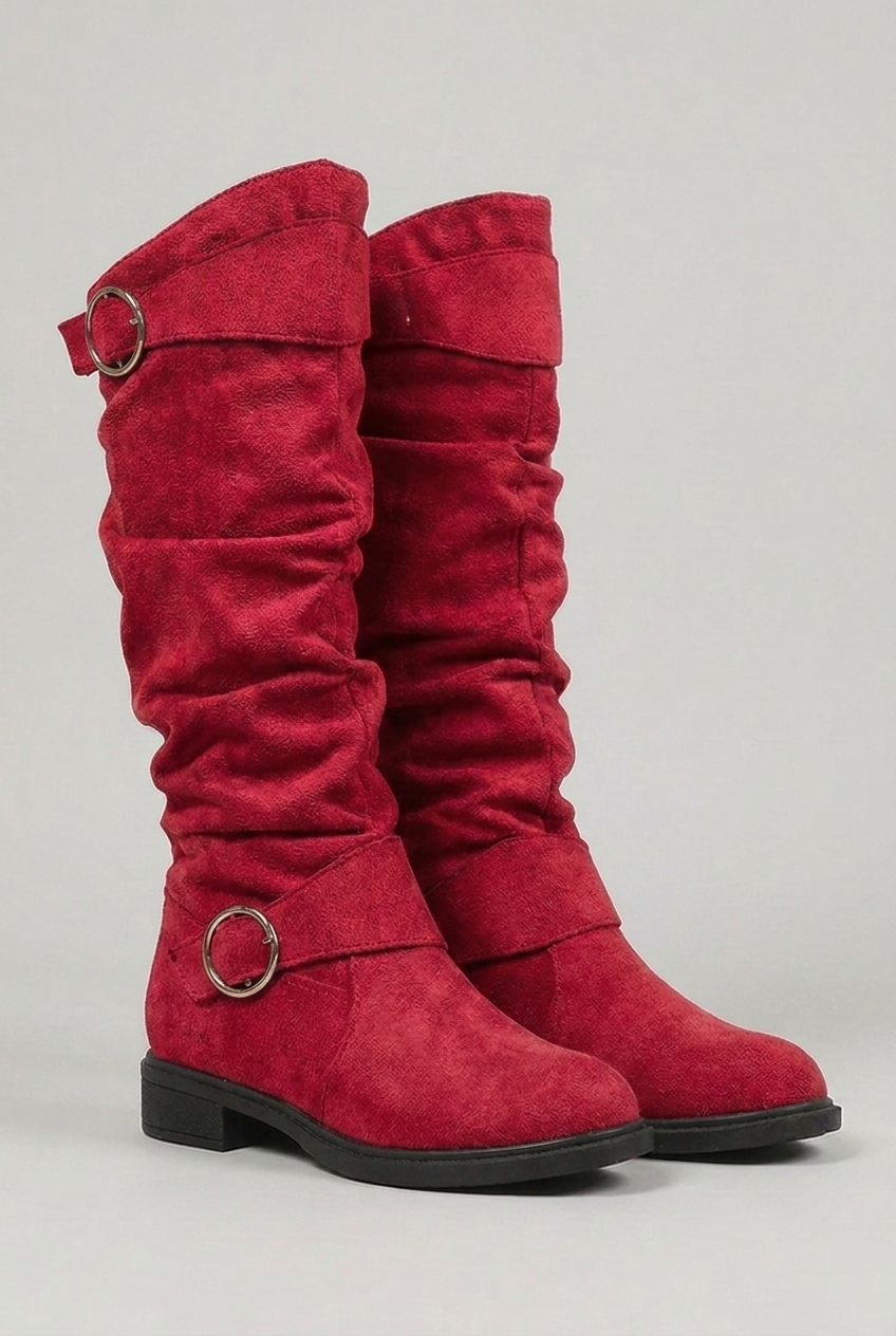 Slouchy Buckle Block Heel Knee High Boots Women