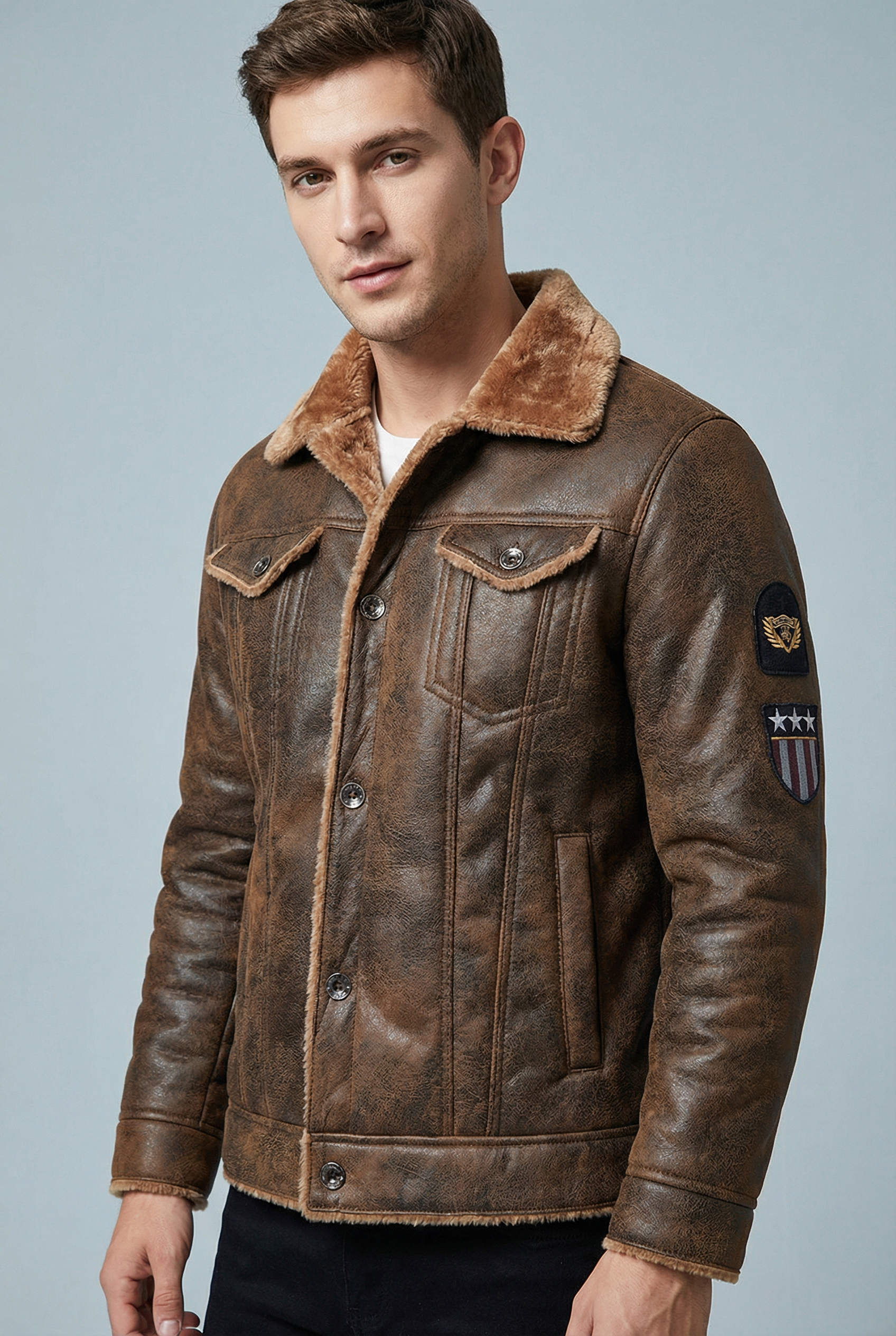 Men’s Faux Leather Jacket with Shearling Lining