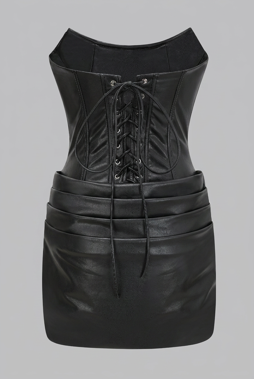 Black Leather Mini Dress Strapless Corset