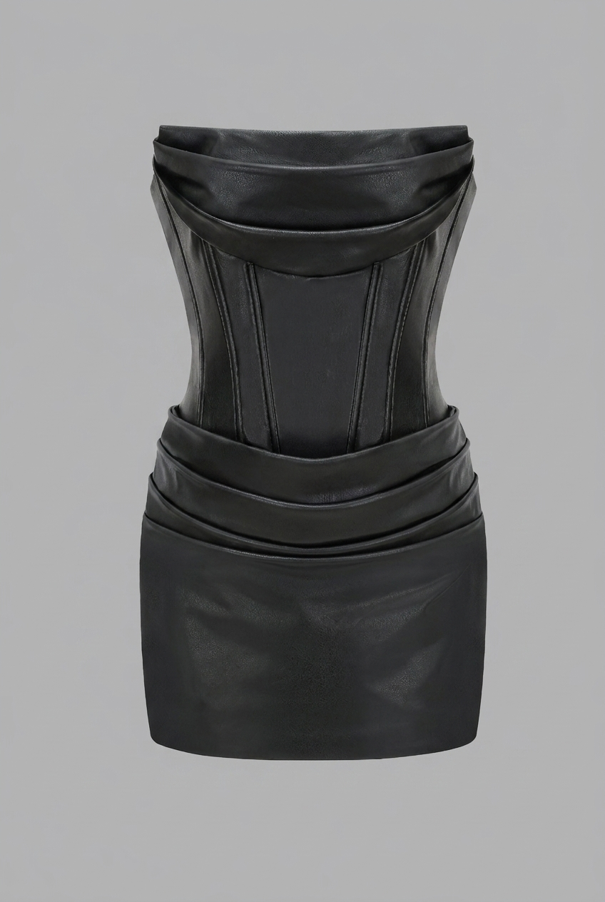 Black Leather Mini Dress Strapless Corset