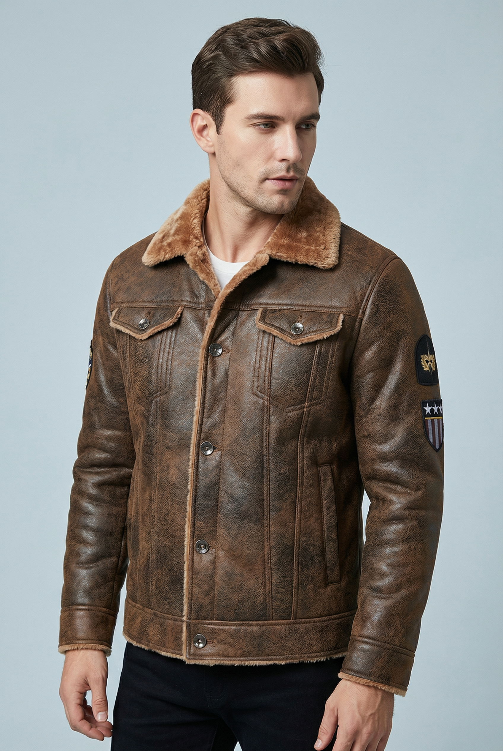 Men’s Faux Leather Jacket with Shearling Lining