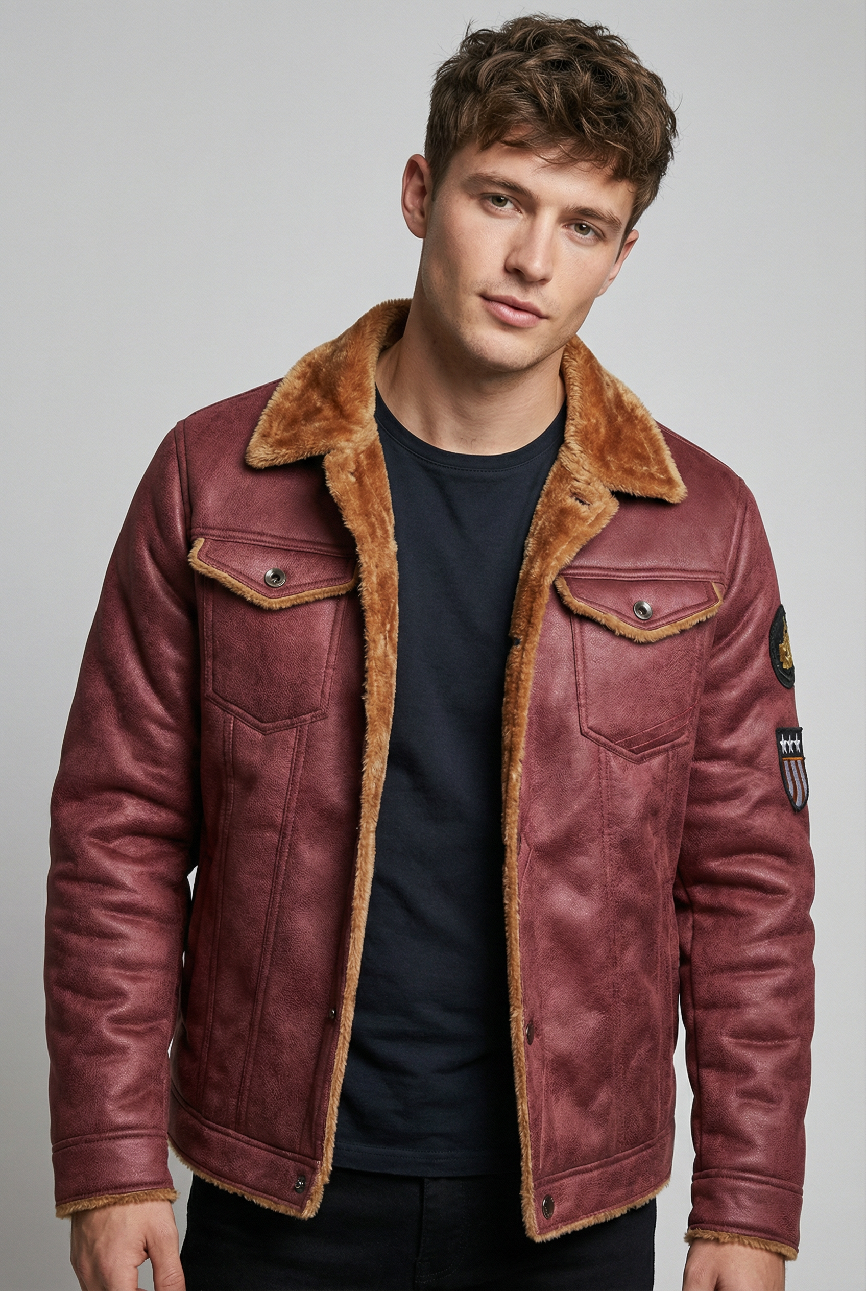 Men’s Faux Leather Jacket with Shearling Lining