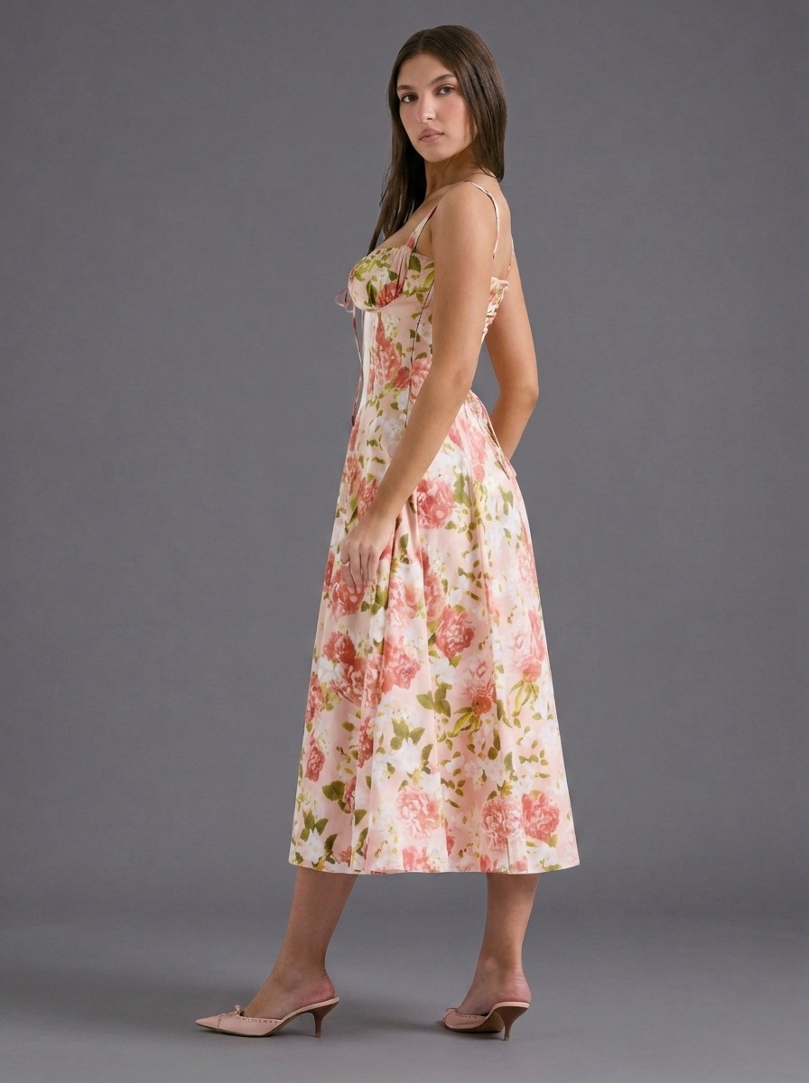 Floral Strappy Split Flared Summer Midi Dress