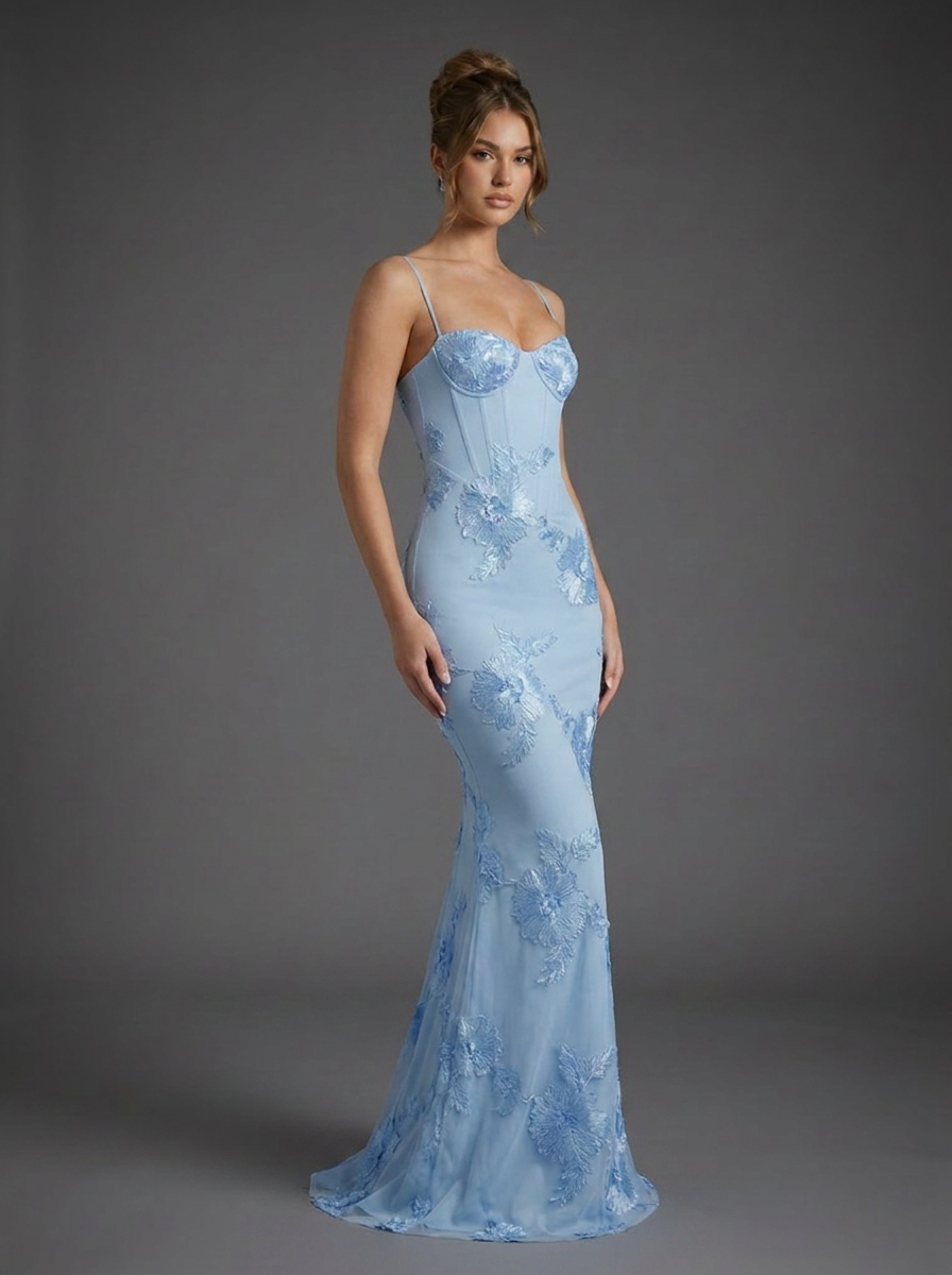 Strappy Embroidered Corset Fishtail Graduation Dress