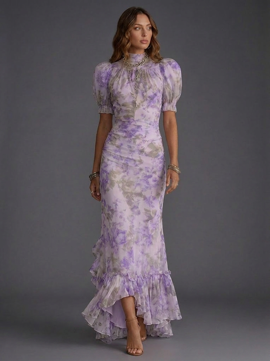 Floral High Neck Puff Sleeve Ruffle Maxi Dress