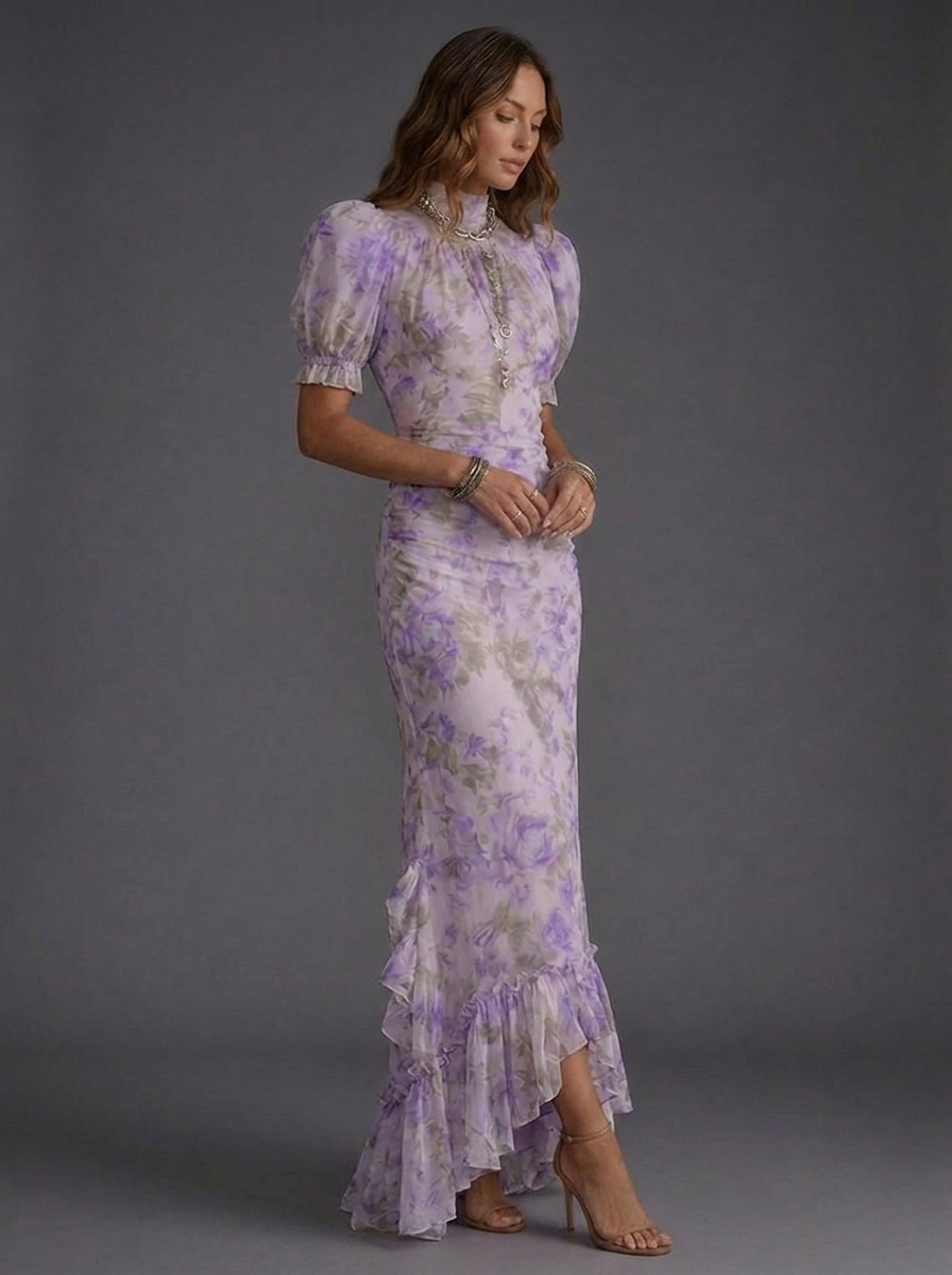 Floral High Neck Puff Sleeve Ruffle Maxi Dress