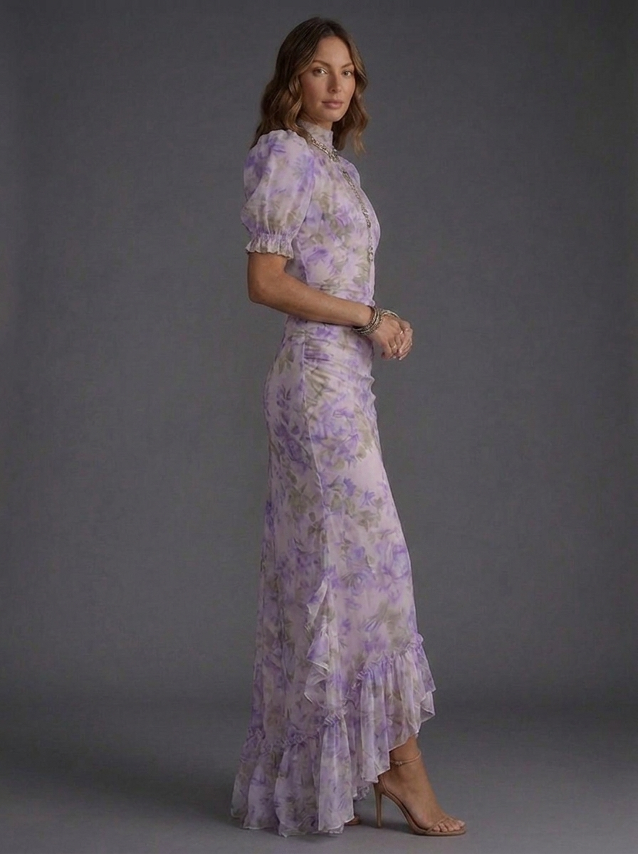 Floral High Neck Puff Sleeve Ruffle Maxi Dress