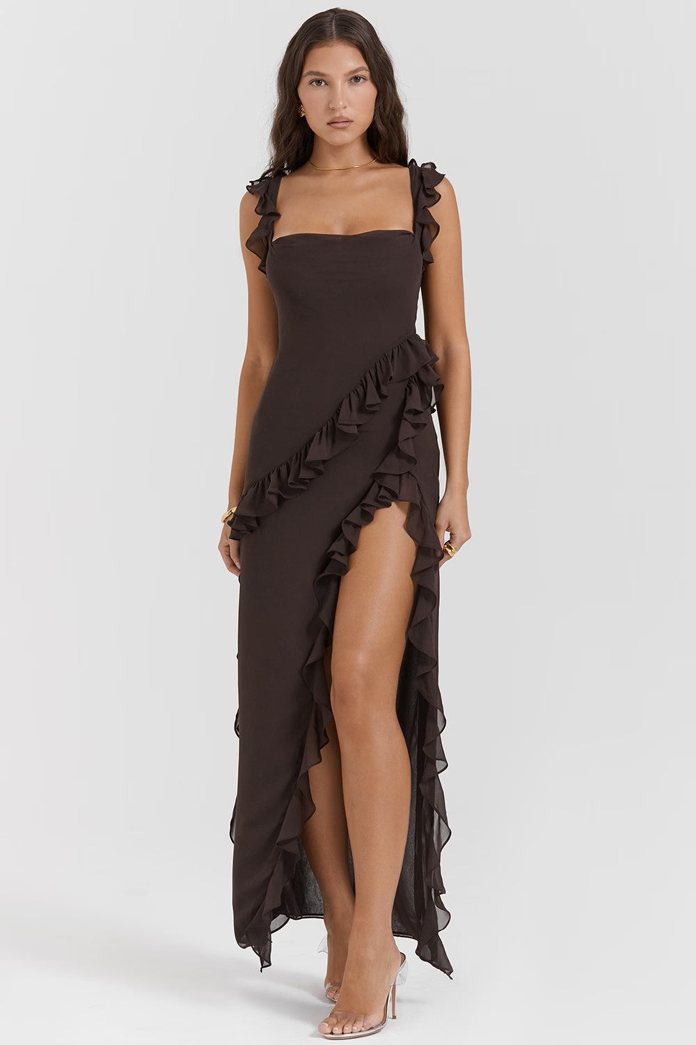 Square Neck Ruffle High Split Occasion Maxi Dress