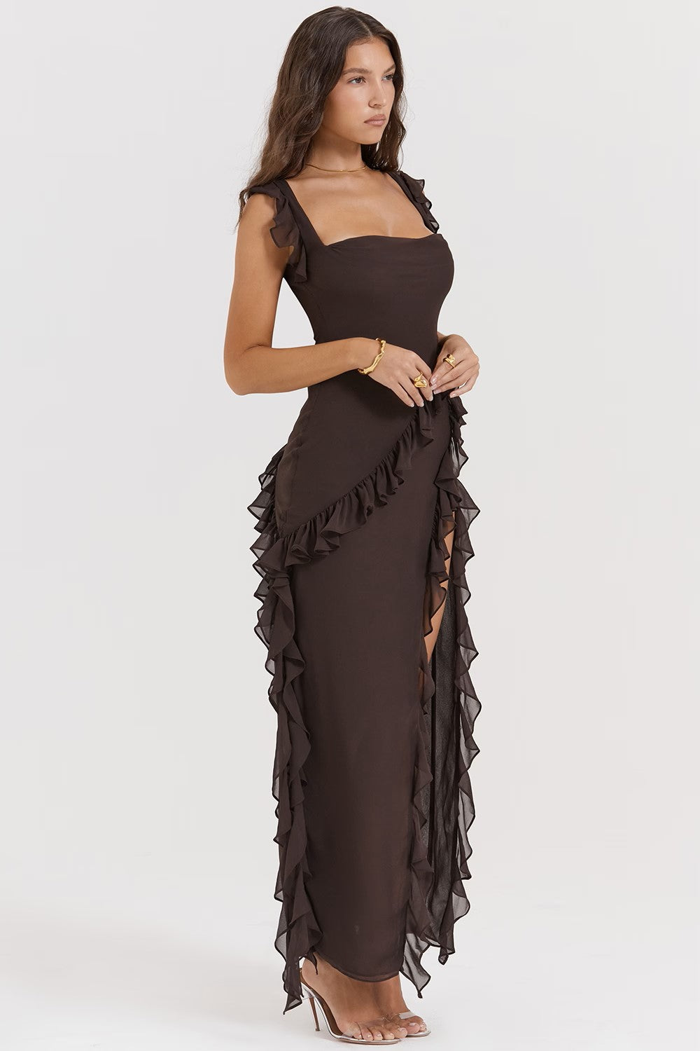 Square Neck Ruffle High Split Occasion Maxi Dress