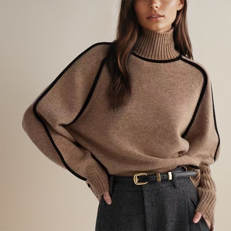 Women's Minimalist Turtleneck Knit Sweater with Contrast Trim