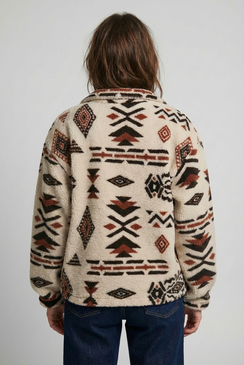 Women’s Cosy Fleece Zip-Up Sweatshirt – Geometric Winter Print