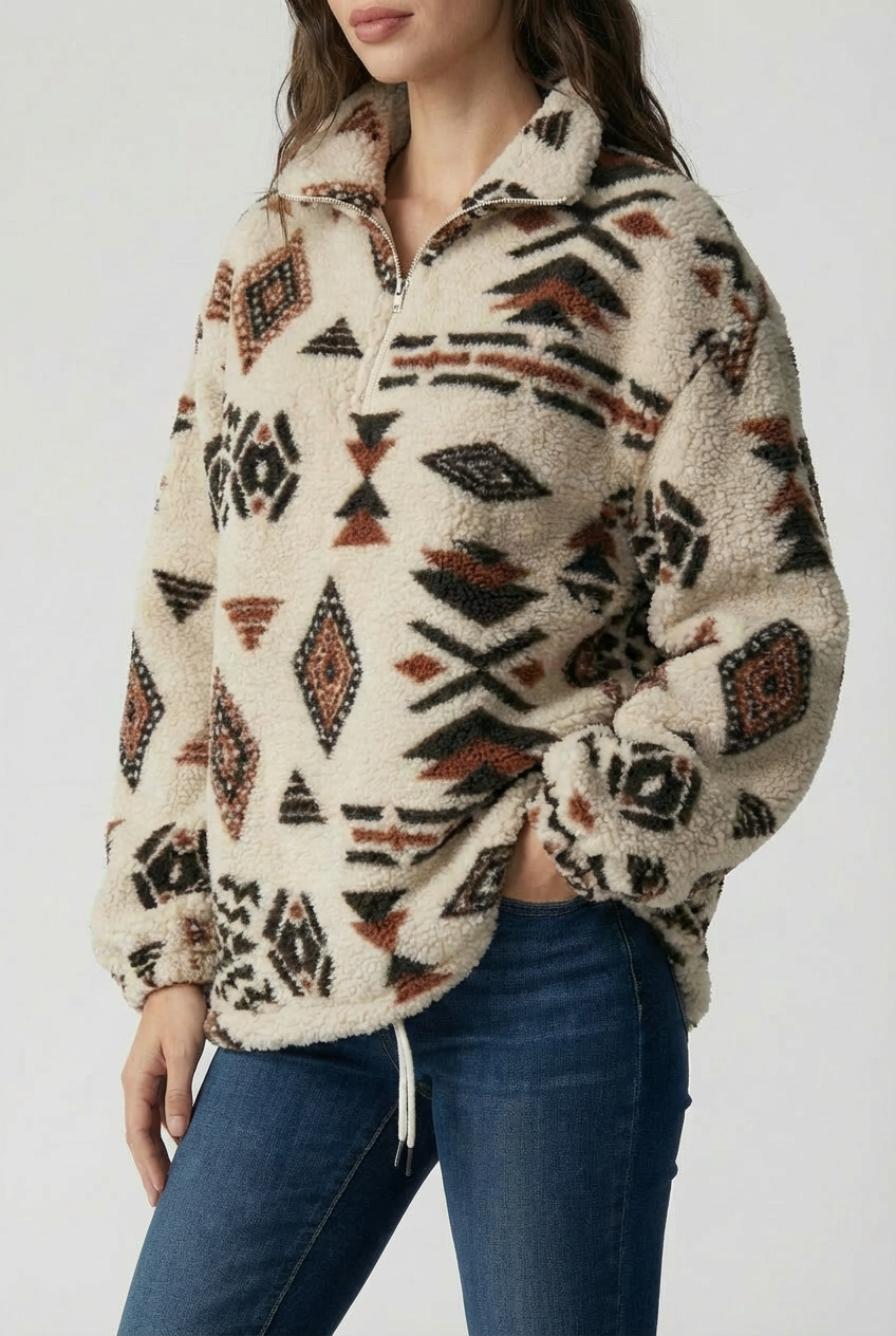 Women’s Cosy Fleece Zip-Up Sweatshirt – Geometric Winter Print