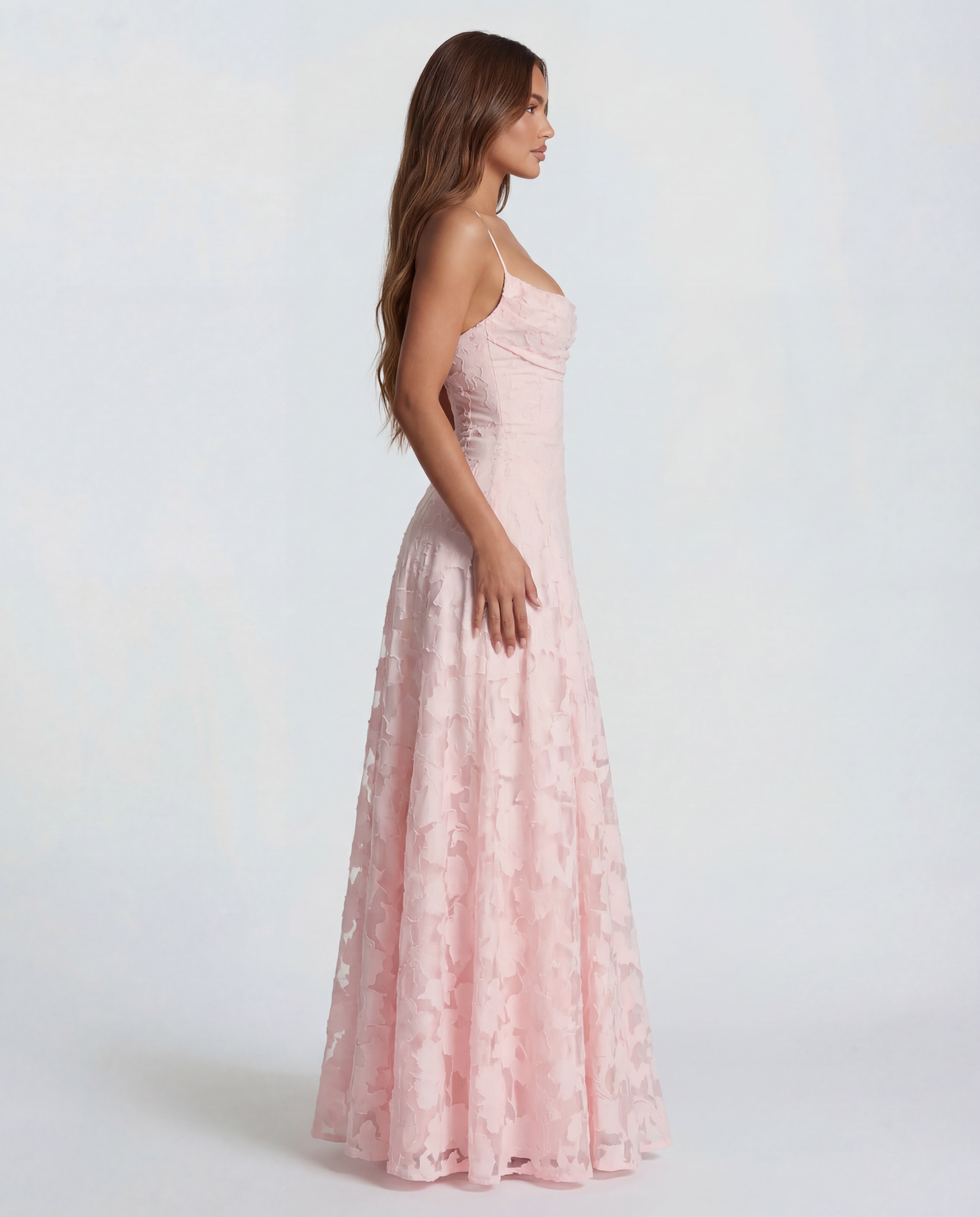 Strappy Cowl Neck Floral Textured Occasion Maxi Dress