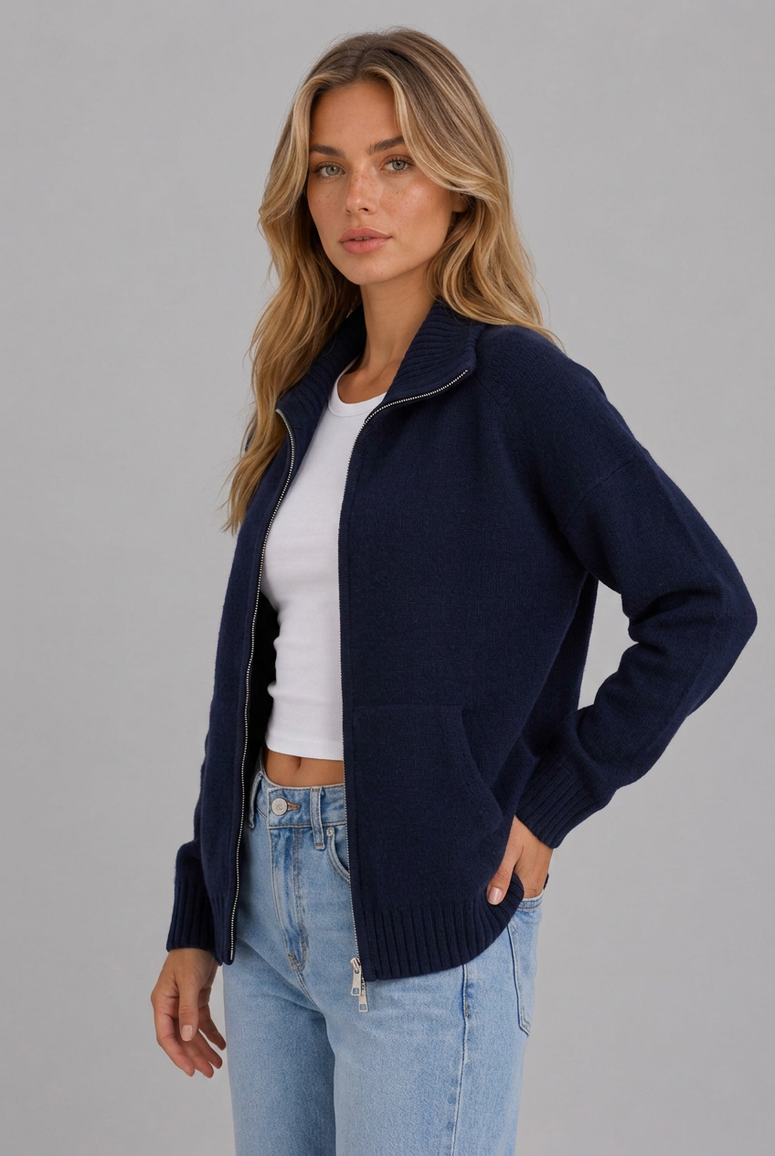 Funnel Neck Zip Up Sweater Knitted Jacket Women