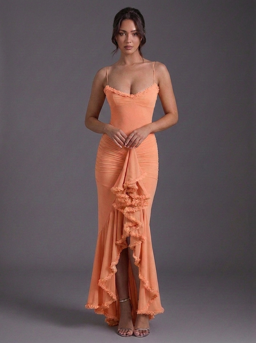 Strappy Ruched Ruffle Split Occasion Maxi Dress