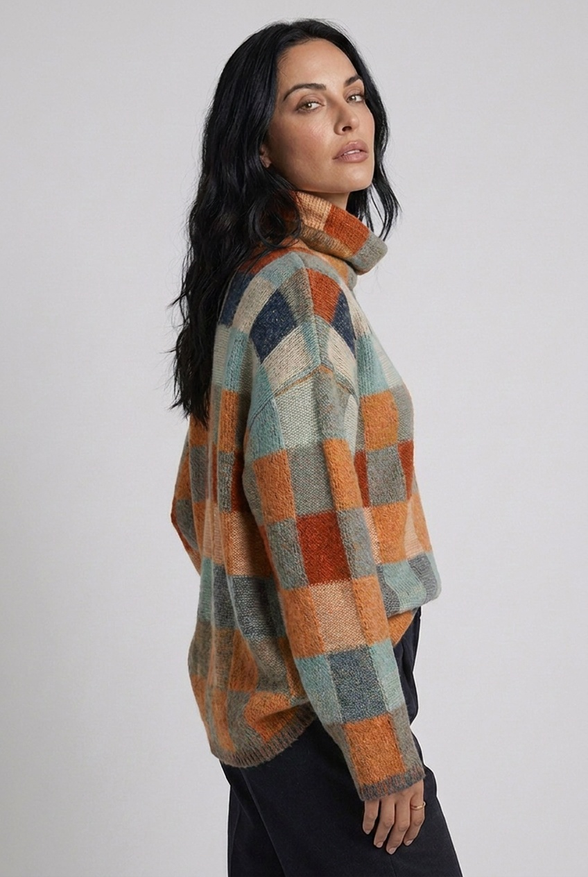 Checkered High Neck Relaxed Oversized Knit Jumper