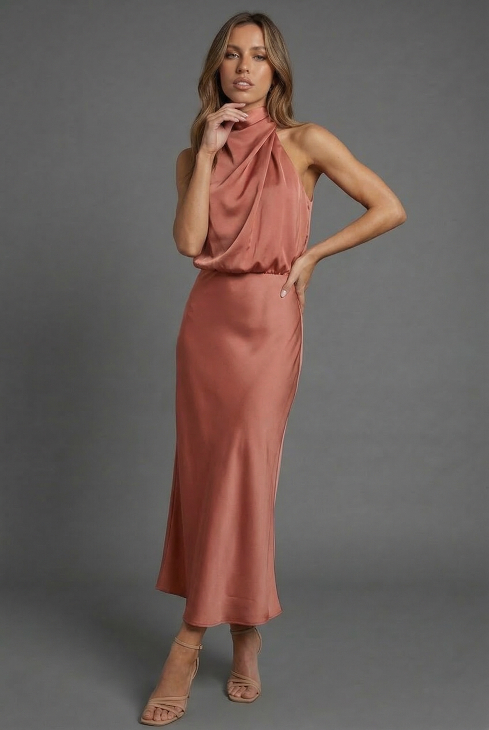 Halterneck Satin Style Wedding Guest Midi Dress