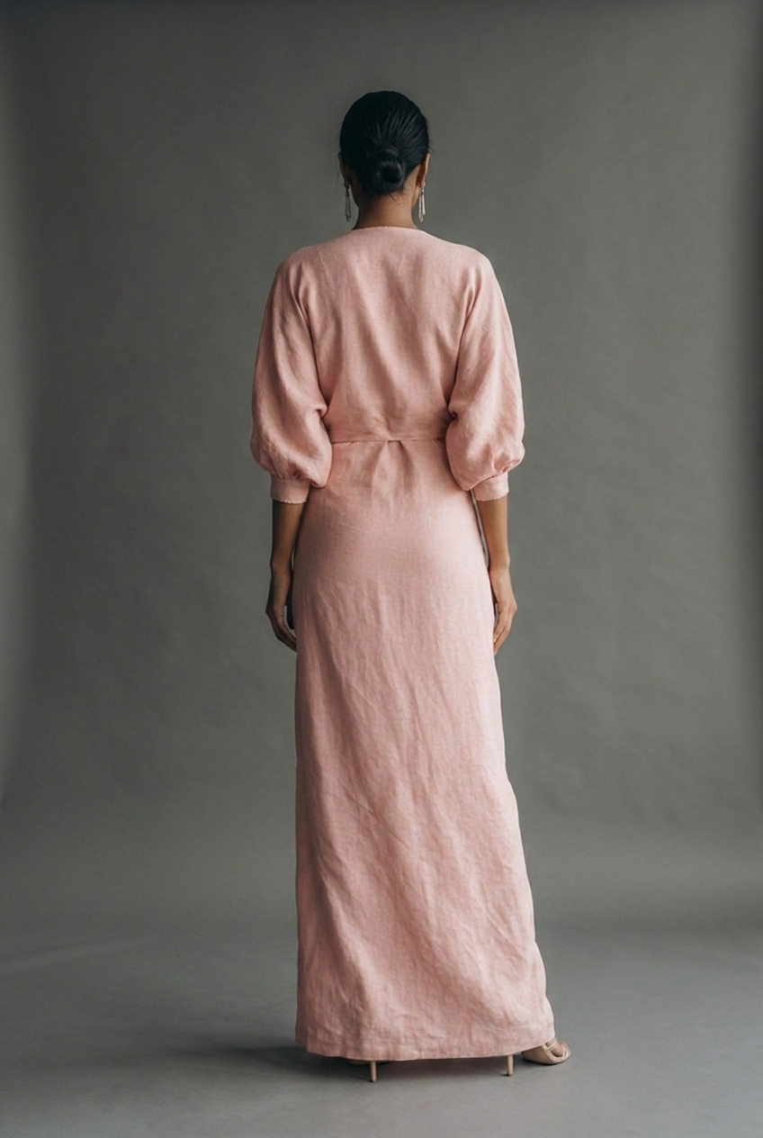 Linen Style Maxi Dress V-Neck Batwing Sleeve Twist Front Wrap