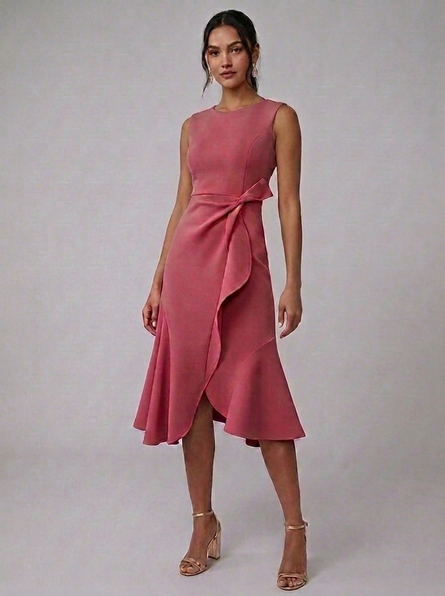 Summer Midi Occasion Dress – Sleeveless Ruffle Front Tie-Waist Holiday Wear