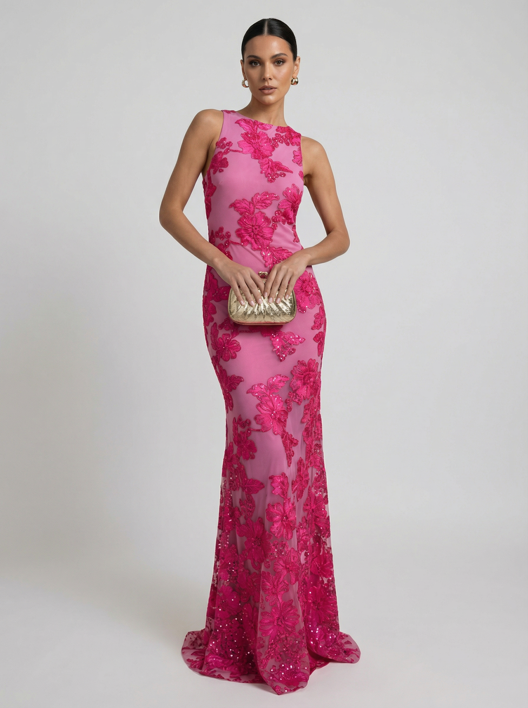 Women’s Pink Floral Lace Maxi Dress